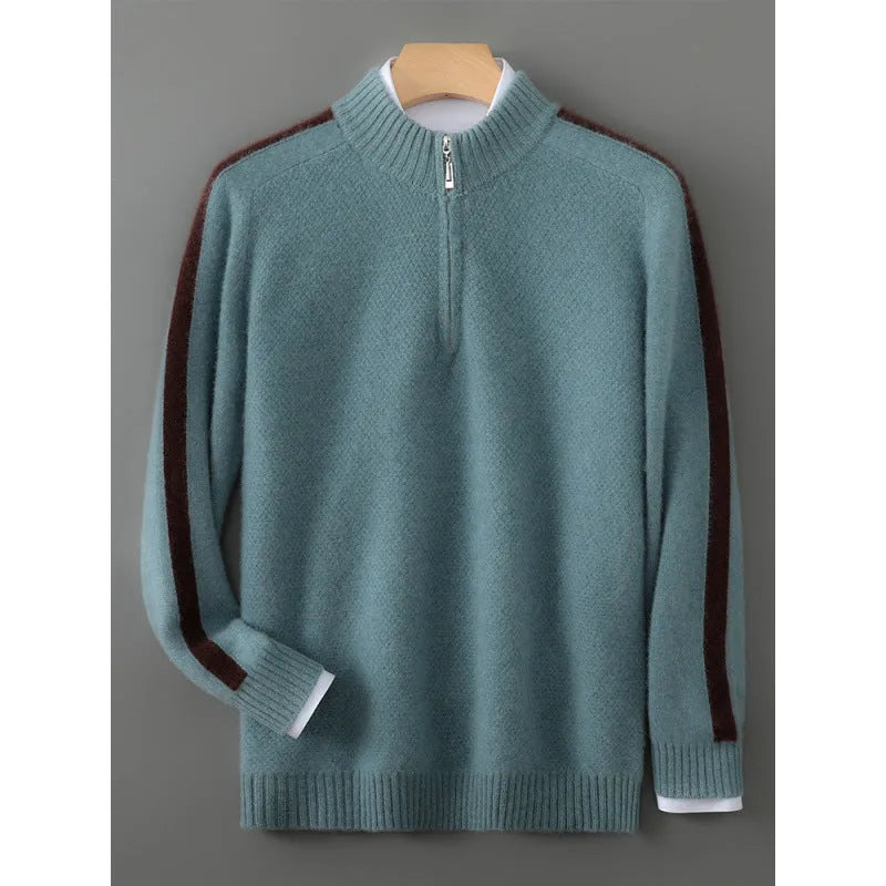 Sheep wool sweater with half-height zip and round neck in slim fit, showing standard wool yarn texture
