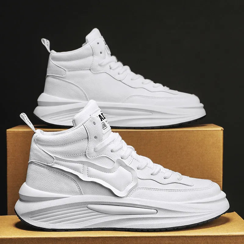 Men's black and white high-top board shoes with round toe and platform sole