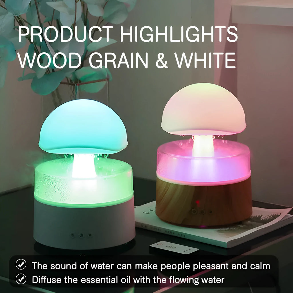 White rain cloud shaped humidifier with rainfall simulation and colour changing night light functions