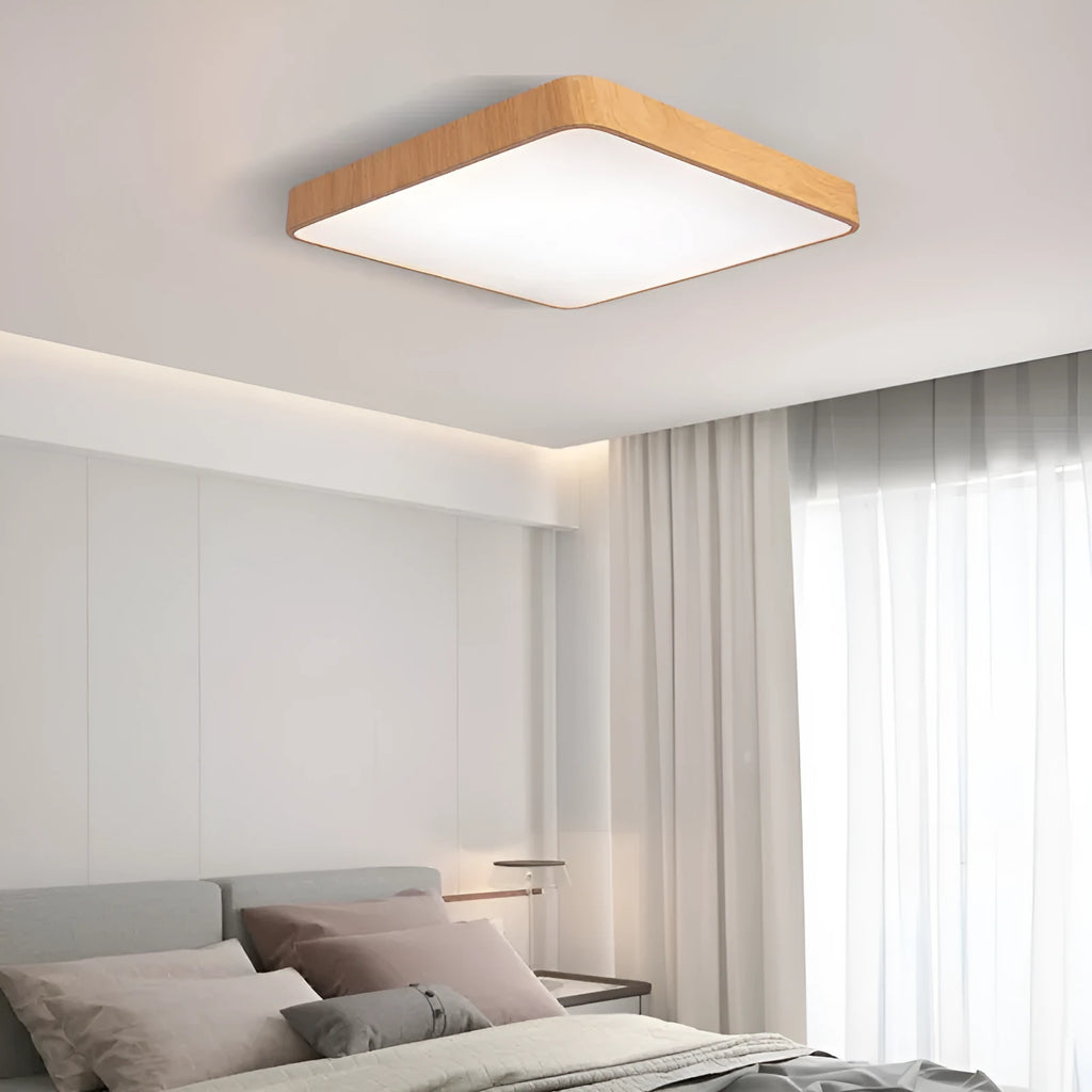 Square modern bedroom light with wood grain finish and iron frame, shown in three available sizes.