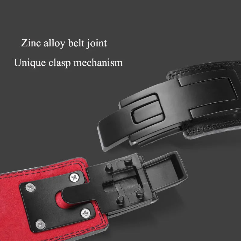 Black cowhide weight training waist support belt with adjustable waist, thick cushion, alloy double breasted buckle, sizes XS to XL