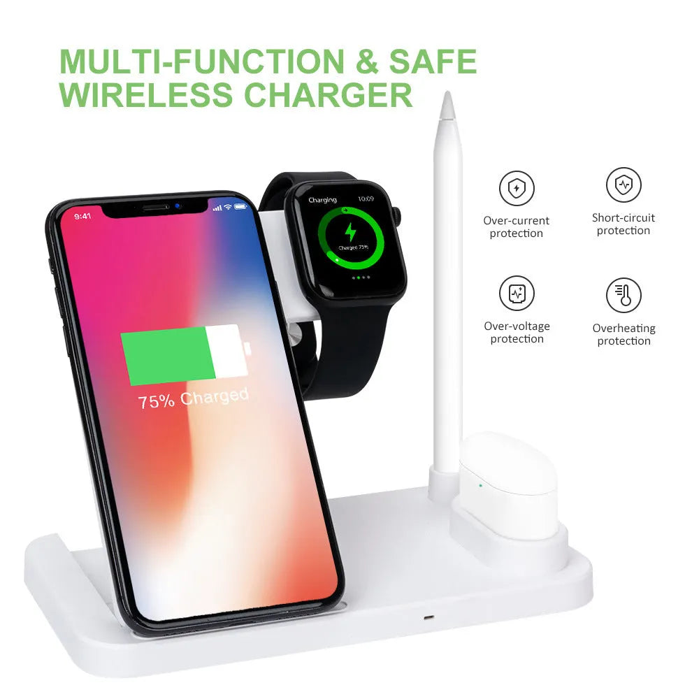Folding 4-in-1 wireless charger in black, showing vertical stand and charging pads for Apple devices