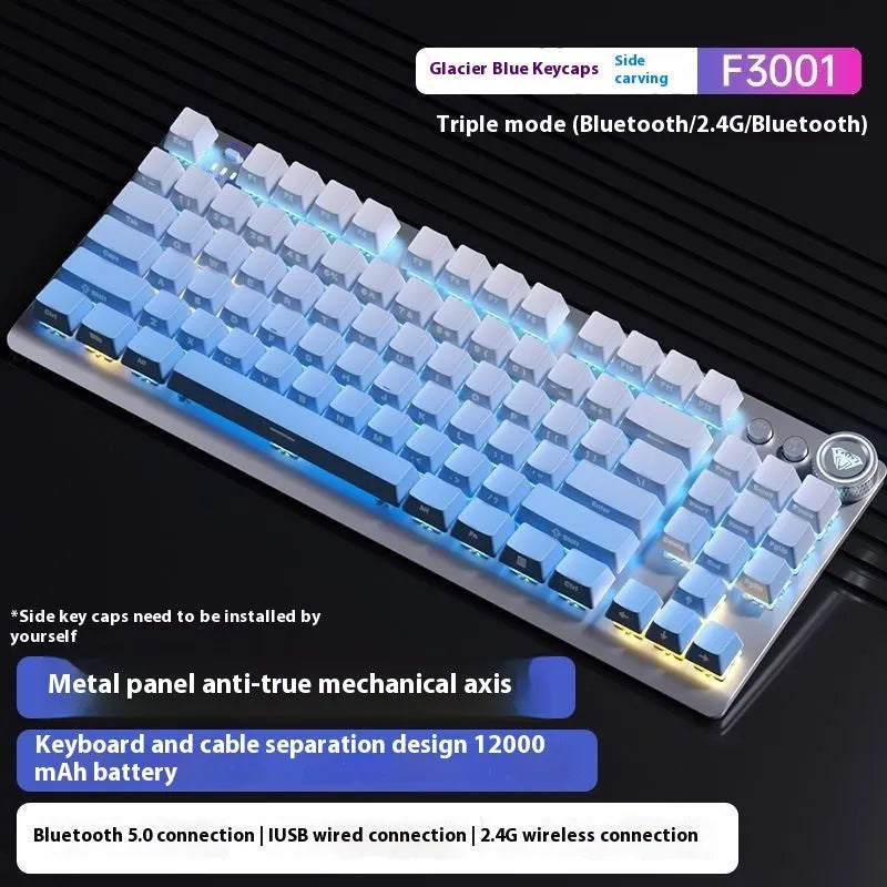 Tarantula wireless mechanical keyboard with side-engraved keycaps showing Bluetooth connectivity indicator and compact 356mm metal design