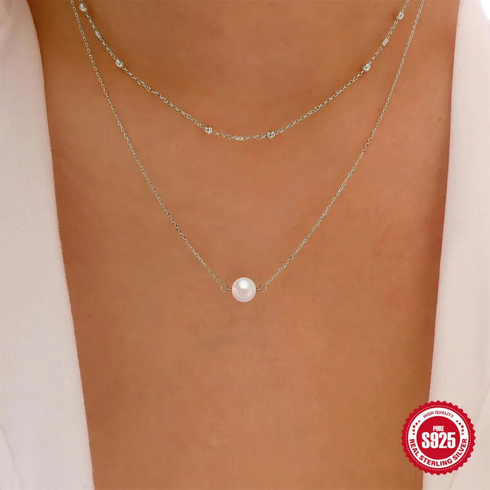 S925 sterling silver double layer necklace with twin pearls on a ball bead chain in gold or white gold colour