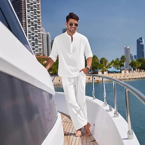 Men's casual cotton suit set with long sleeves and trousers in solid colour options