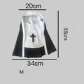 Black and white nun costume cloak on a small dog for Halloween.