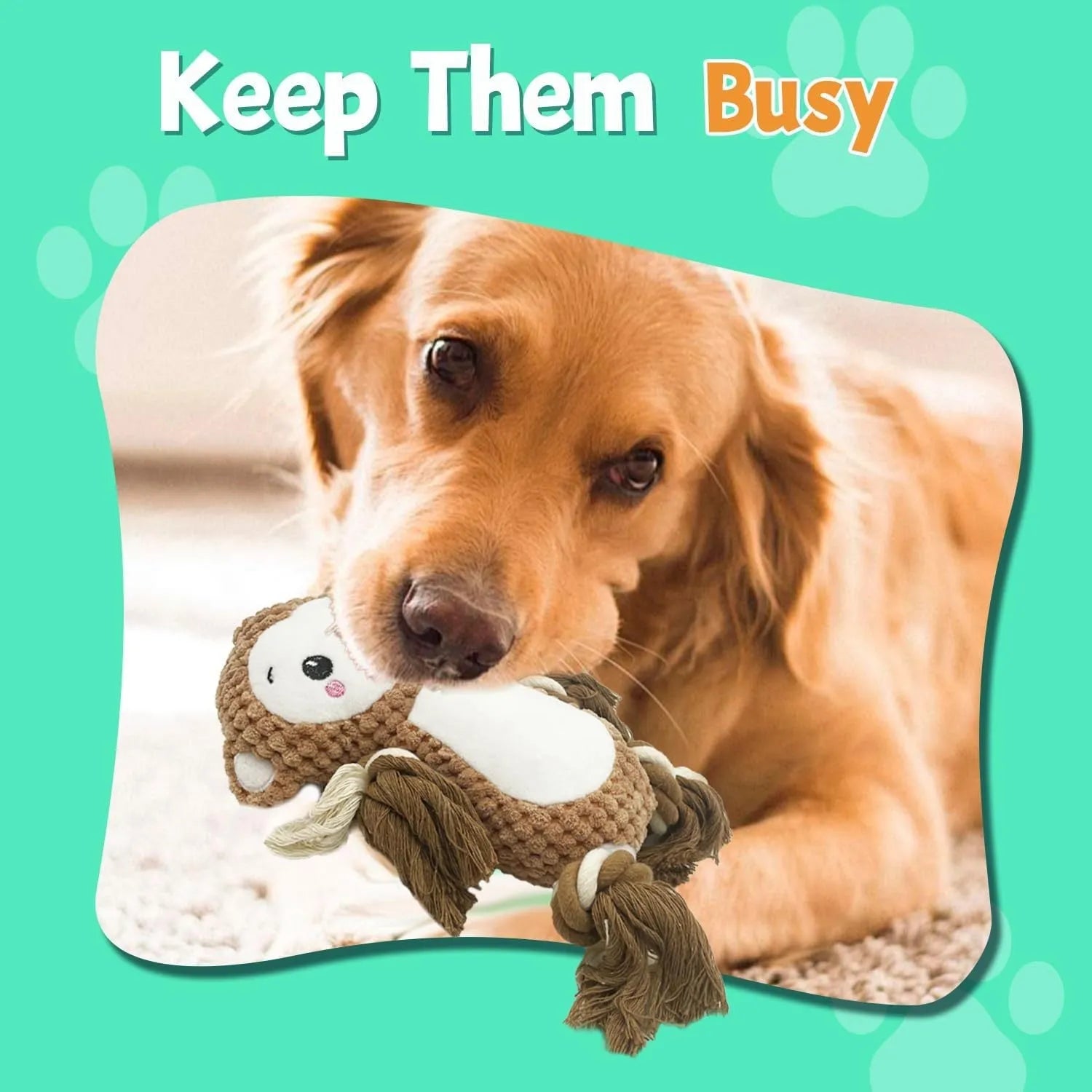 Two plush squeaky dog toys showing lion and monkey designs for medium to large breed dogs