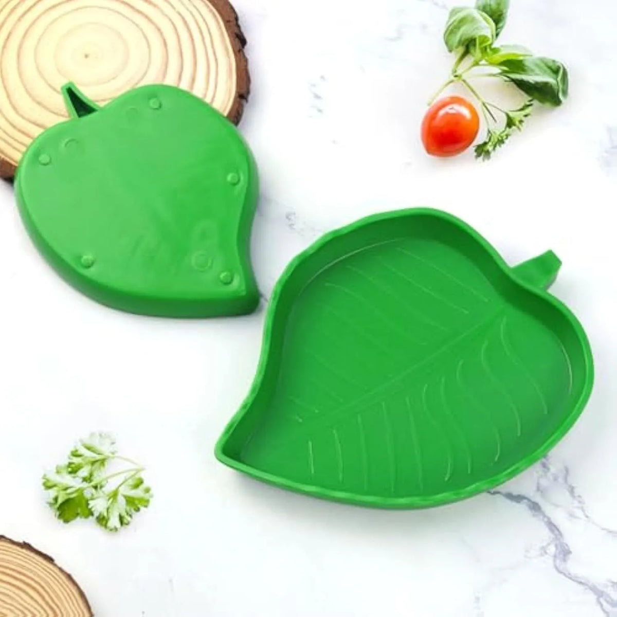 Two leaf-shaped reptile food and water bowls in a set, for tortoise, lizard, bearded dragon or small snake.
