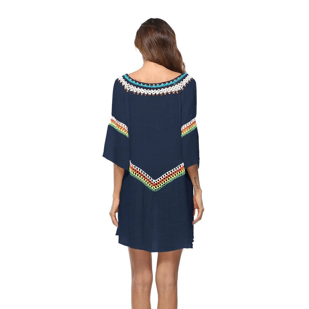 Crocheted ethnic style sun protection clothing for women in apricot colour, made from acrylic fabric for beach use