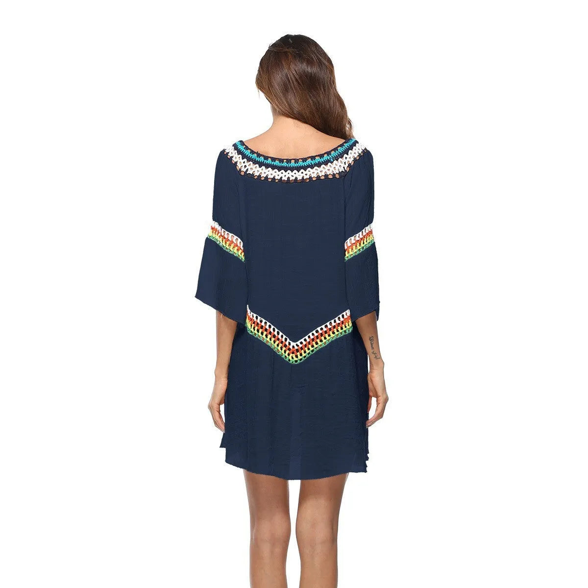 Crocheted ethnic style sun protection clothing for women in apricot colour, made from acrylic fabric for beach use