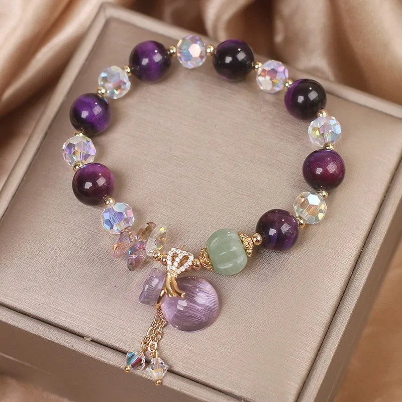 Women's purple tigereye money bag pendant crystal bracelet with rhinestone forest style design