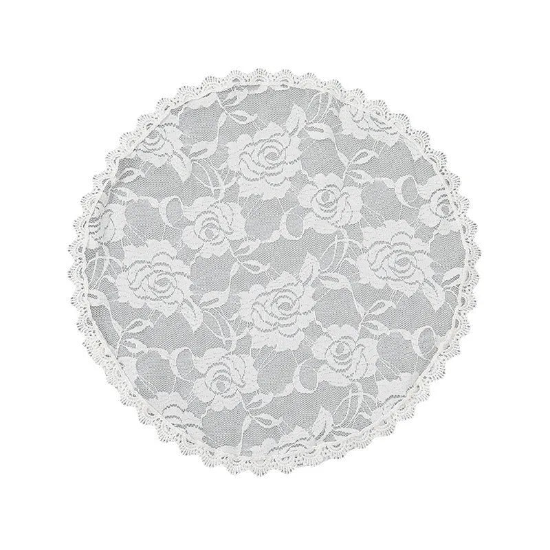 Round white wedding veil headpiece with floral design measuring 30cm in diameter