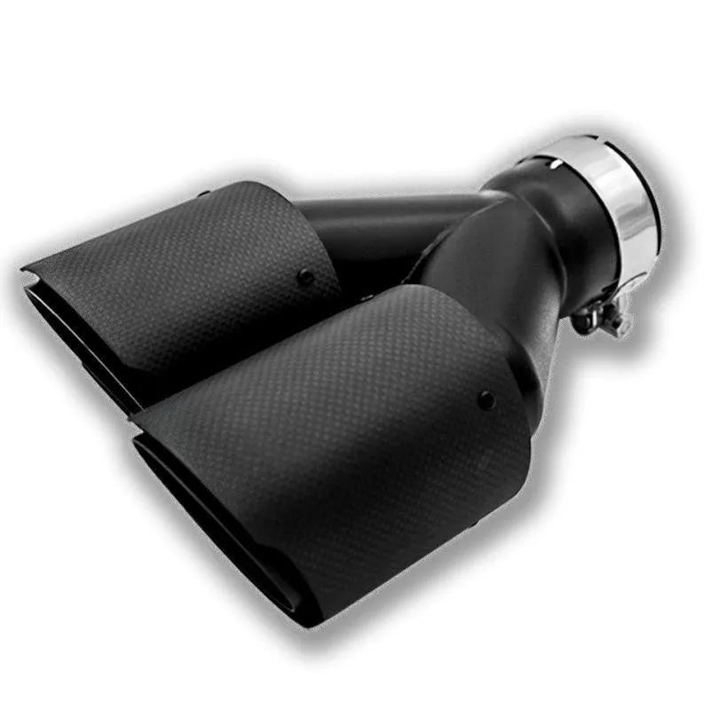 Black carbon fibre car exhaust pipe with dual outlets, measuring 250mm in length