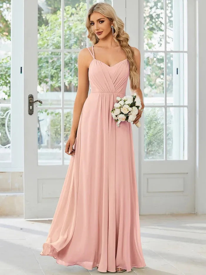 Sling Banquet long pleated dress in light green, A-line skirt, sleeveless design, casual style