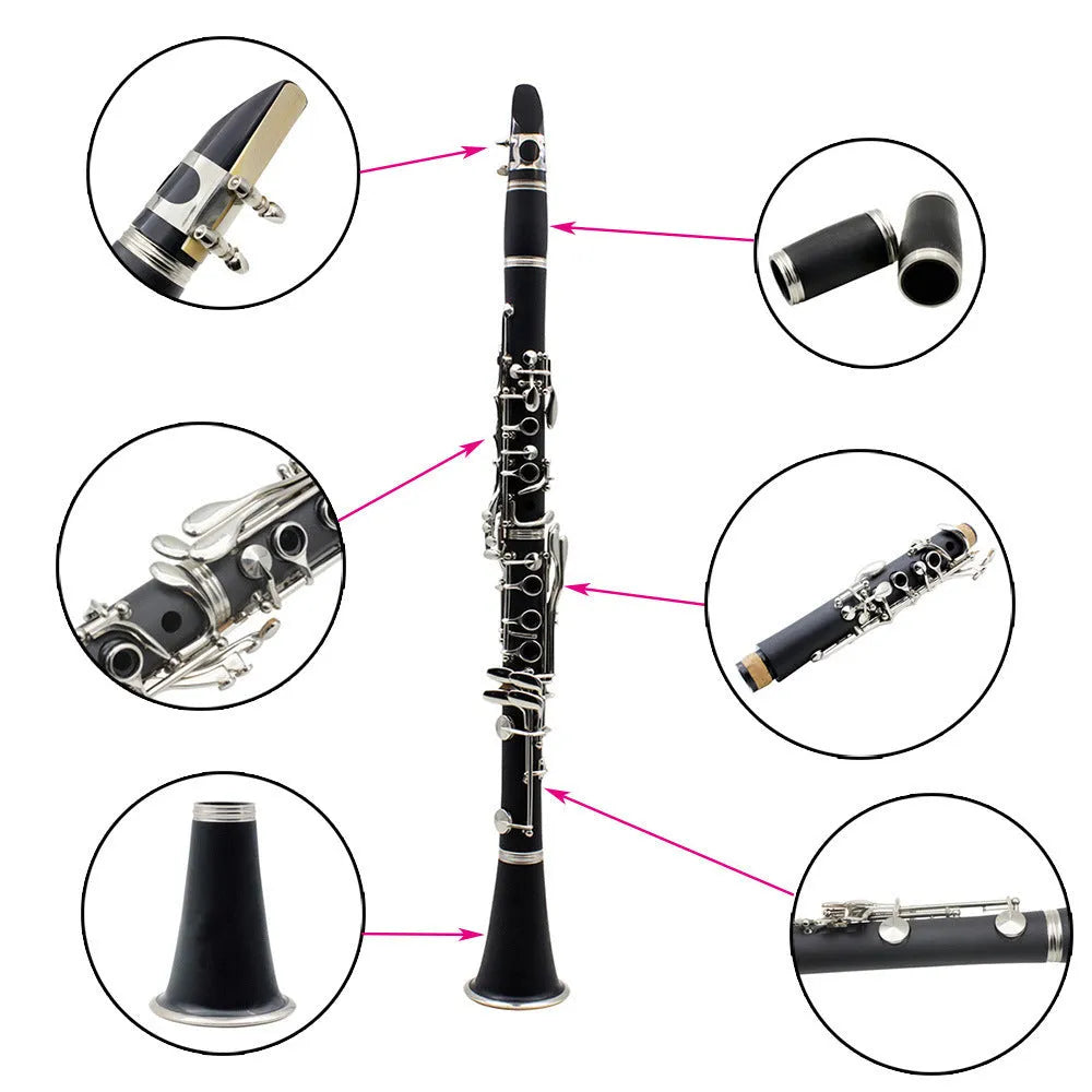 Black Bakelite clarinet with 17 nickel-plated keys, 67cm long, for beginner music practice