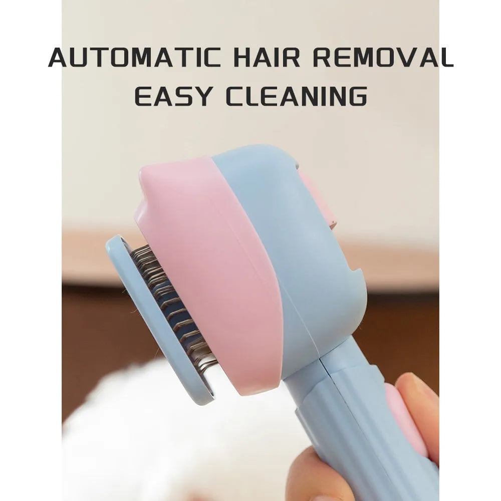 Blue pet grooming brush with double-sided de-shedding rake and de-matting comb, measuring 195mm long