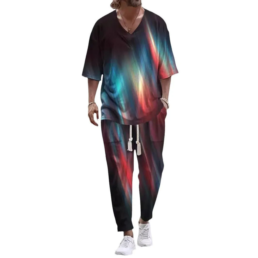 Cropped sleeves V-neck trousers suit in thin polyester fabric with size range S to 6XL