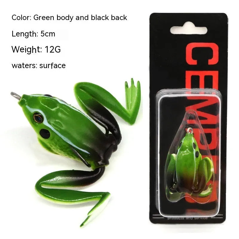 Realistic frog snake head shaped soft plastic fishing lure with double hooks in grass green colour.