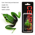 Realistic frog snake head shaped soft plastic fishing lure with double hooks in grass green colour.