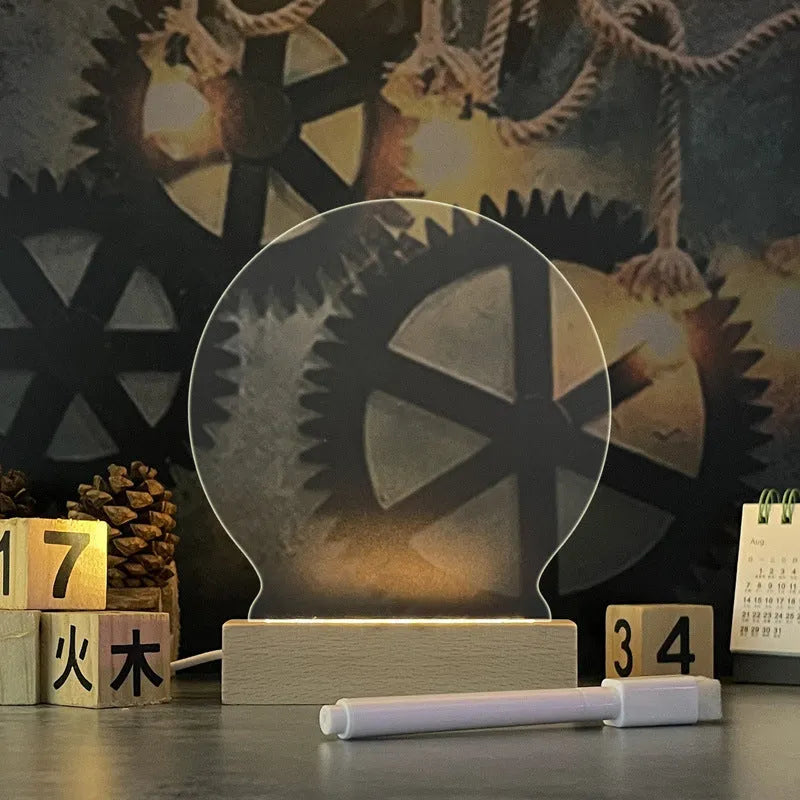 USB-powered LED message board lamp with transparent acrylic panel and writing pen