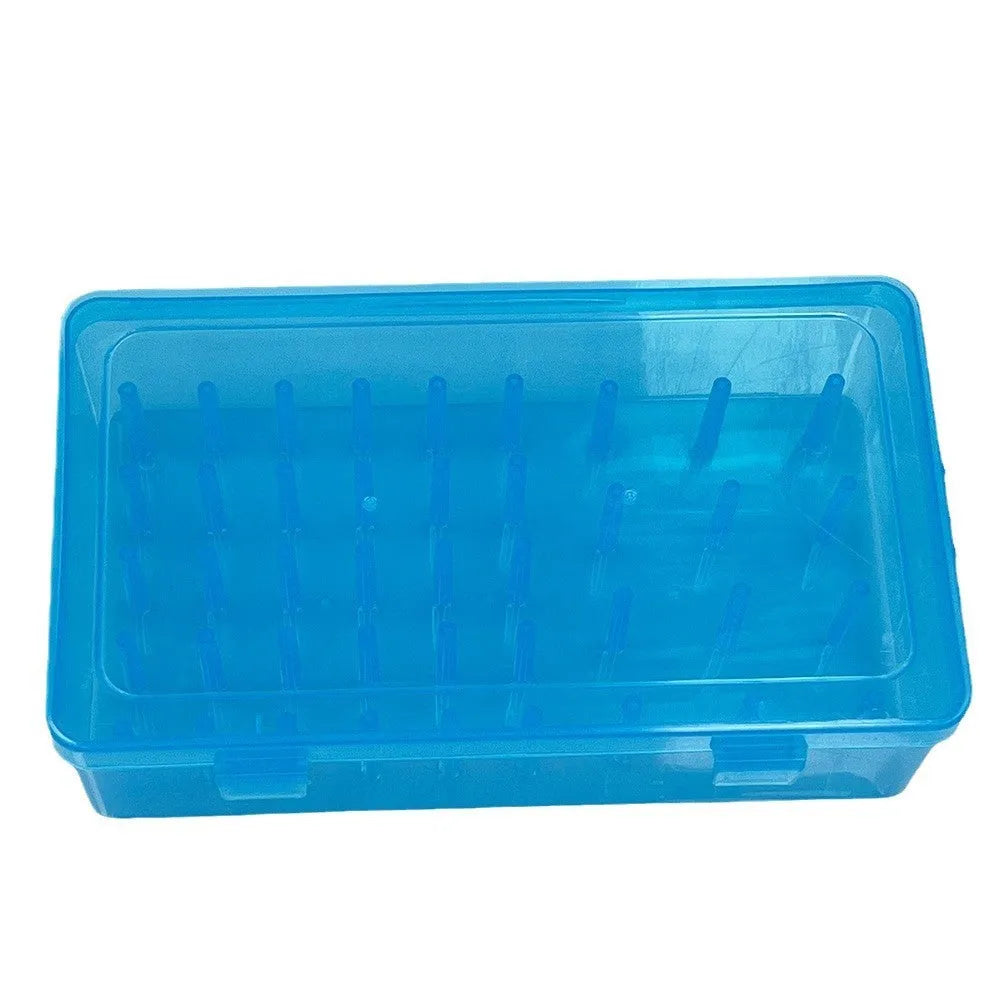 42 compartment plastic sewing tool organiser box with transparent lid showing needles and embroidery tools inside