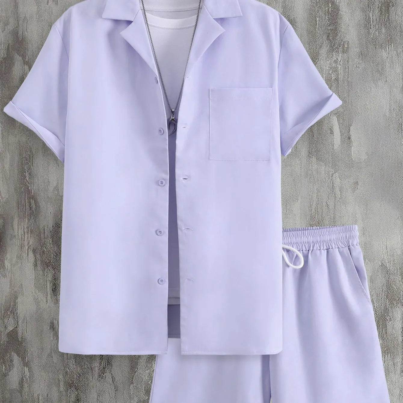 Men's light grey short sleeve Cuban collar shirt and matching shorts sport suit set
