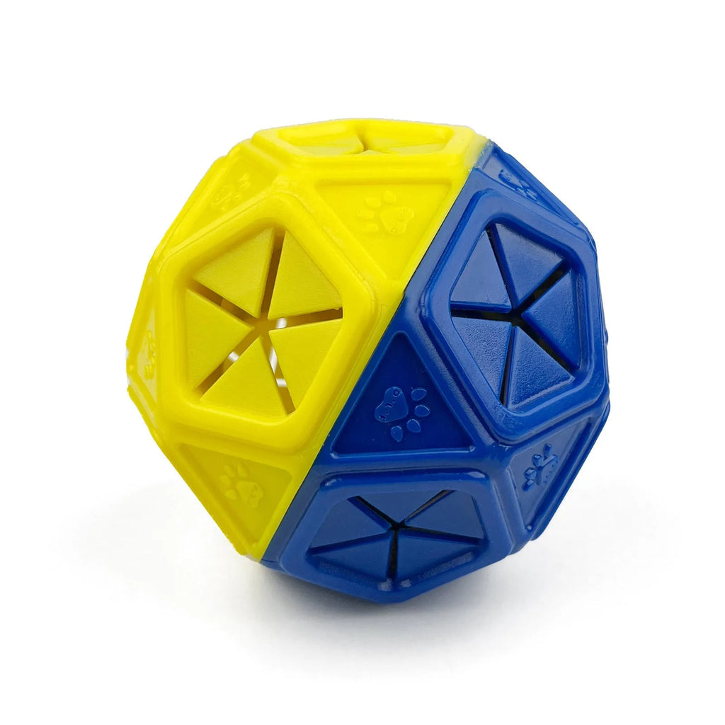 Red and blue bite-resistant rubber hollow dog toy ball for food dispensing and interactive play.