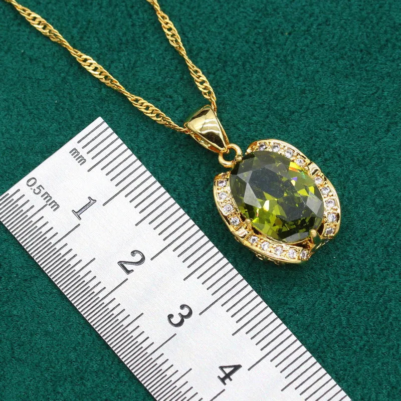 Full rhinestone zircon women's jewellery suit with copper inlay, snake bones chain, in olive green or red colours