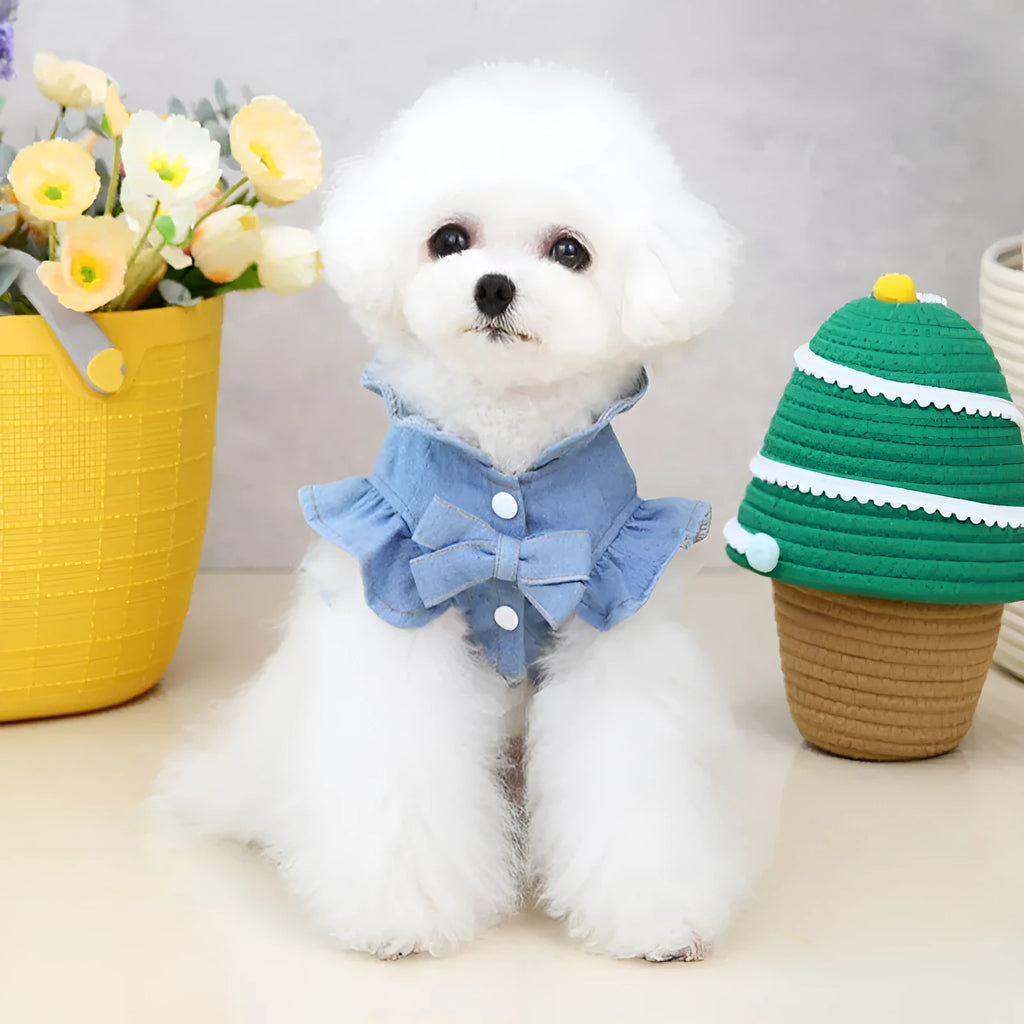 Blue denim dog dress with integrated harness and ruffled design for small to large pets
