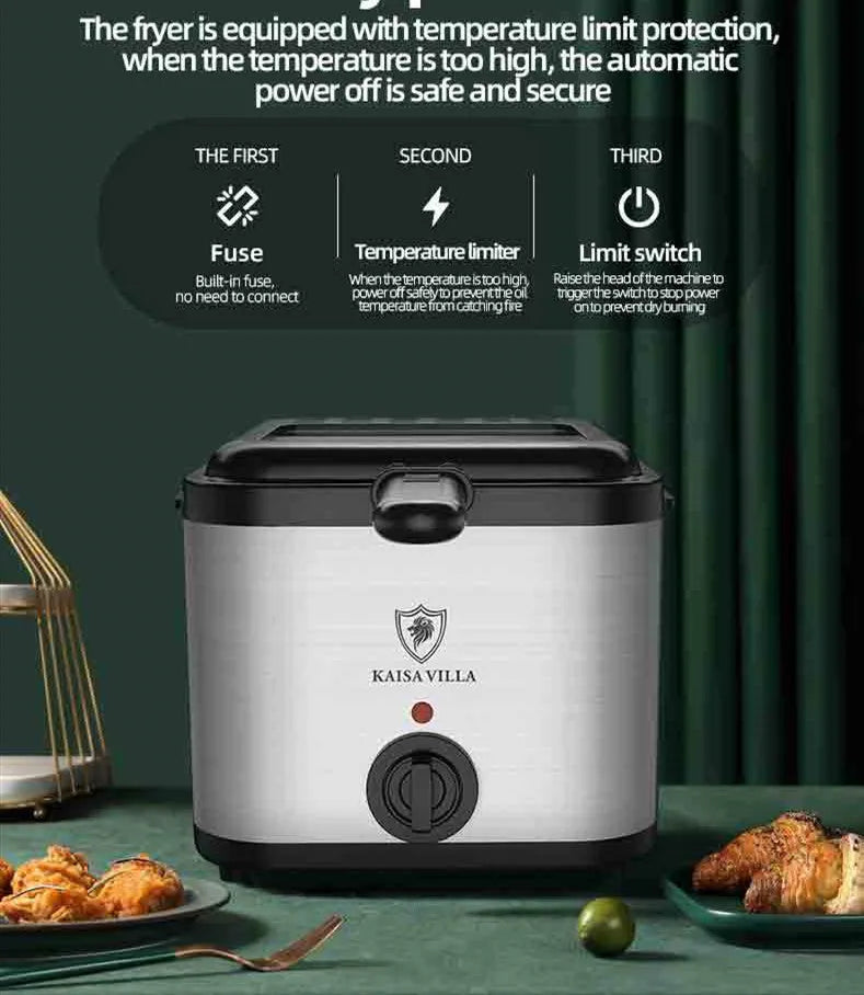 Silver electric air fryer with stainless steel fryer basket showing UK plug