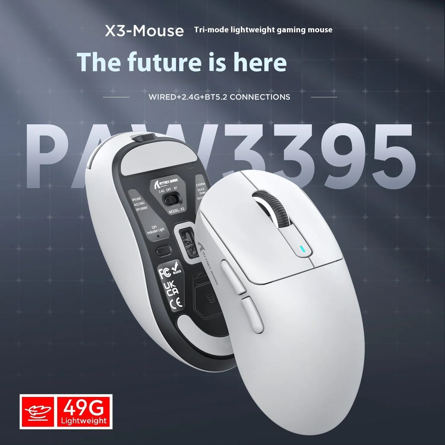 Black three-mode rechargeable mouse with 118.5mm length, showing USB receiver and 1.5m parachute cord