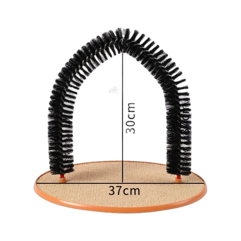 Black arch-shaped cat scratching brush with mouse toy attachment on non-slip base