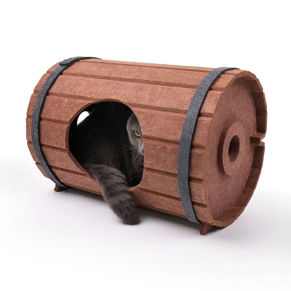 Assembled wine barrel shaped pet bed made from polyester fibre felt pieces for cats