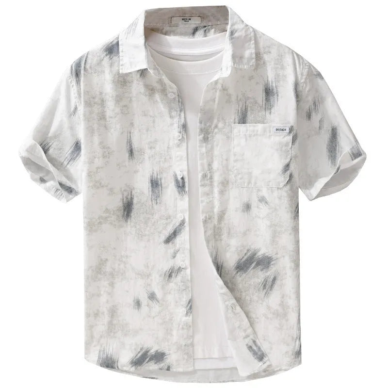 Men's floral print cotton cardigan with short sleeves in light green colour