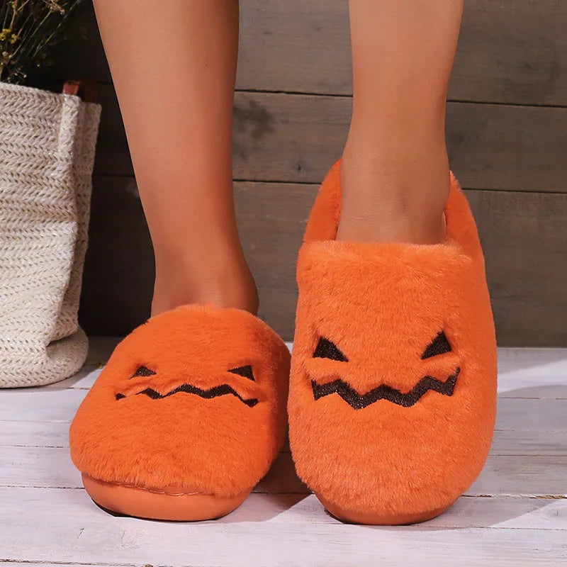 Orange pumpkin slippers with plush lining and non-slip PVC soles in UK sizes 36-43