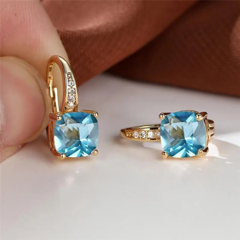 Geometric round ear hook earrings with square zircon inlay in electroplated copper construction