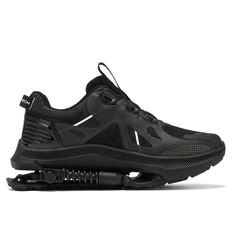 Black tech running shoes with mesh upper, leather stitching, buckle fastening, and a rubber EVA sole.