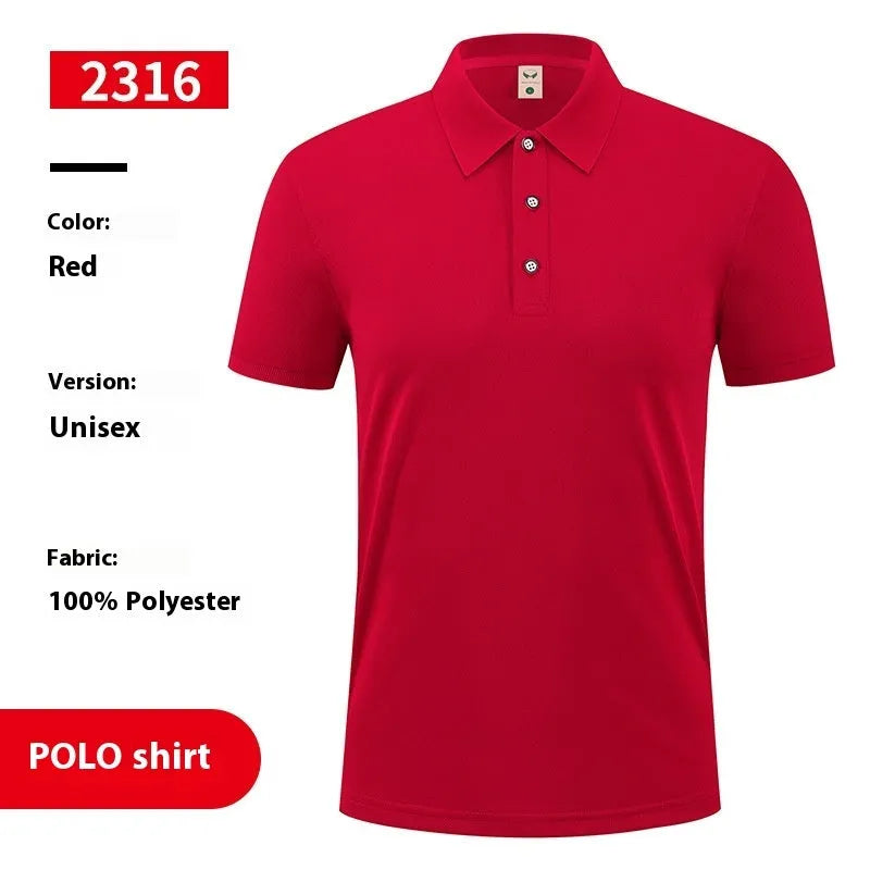 Ice silk short sleeve polo shirt pullover on a hanger, showing the collar and advertising logo.
