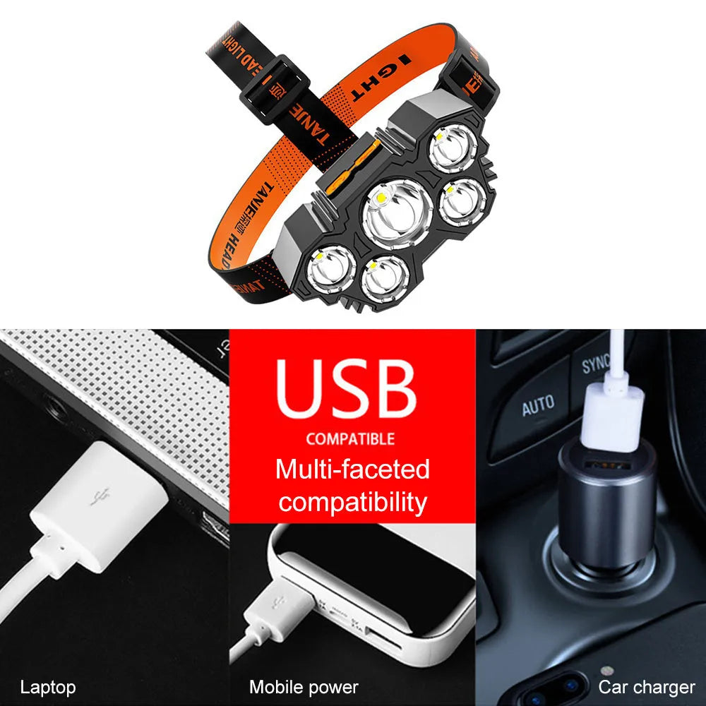 Rechargeable five head LED fishing headlamp with USB charging, 4500 lumens and 180-degree adjustable head