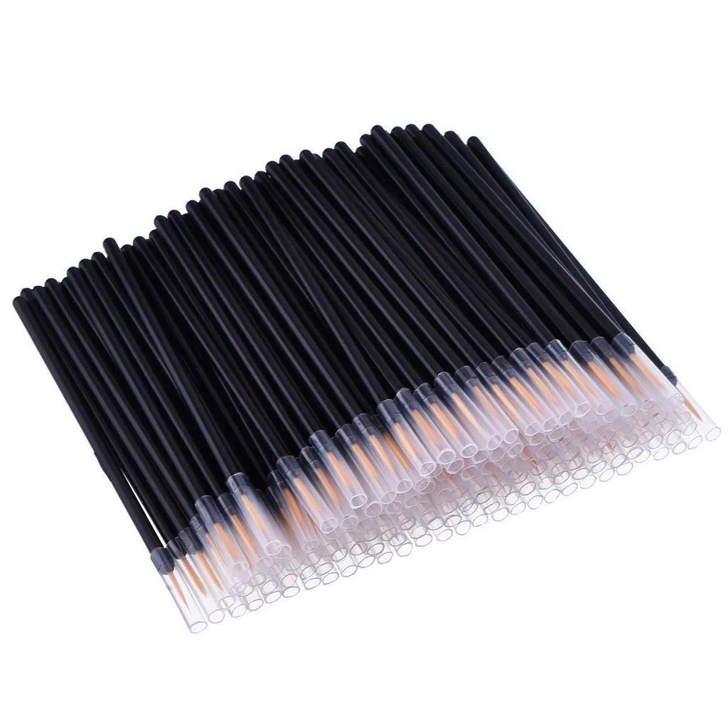 Pack of one hundred black disposable eyeliner brushes with fine points and plastic sleeves