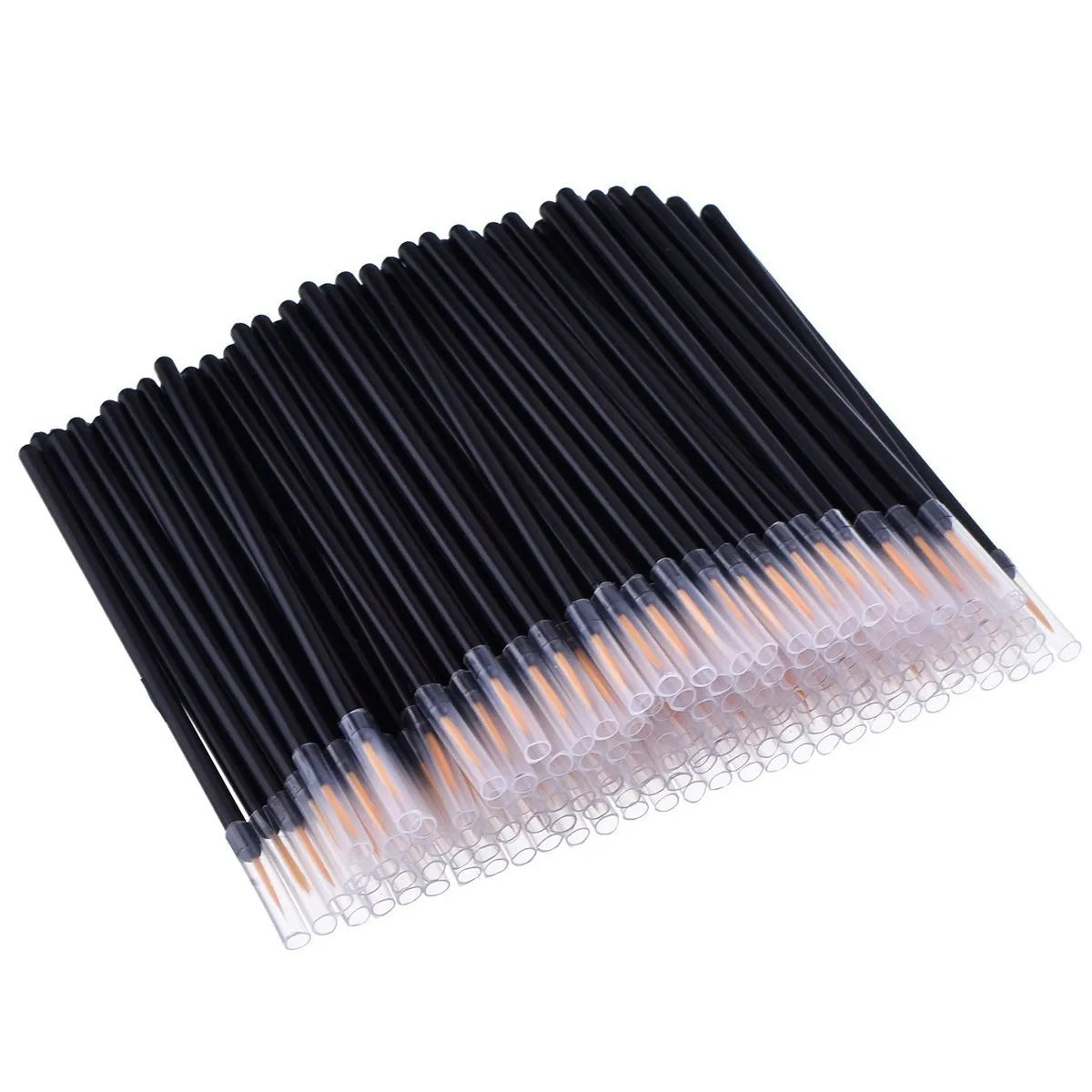 Pack of one hundred black disposable eyeliner brushes with fine points and plastic sleeves