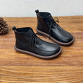 Women's black cowhide casual boots with velvet lining and flat round toe
