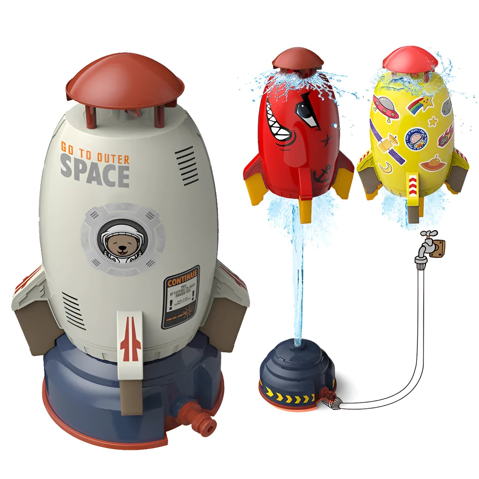 Yellow water pressure rocket launcher toy for kids outdoor garden play on a green lawn.