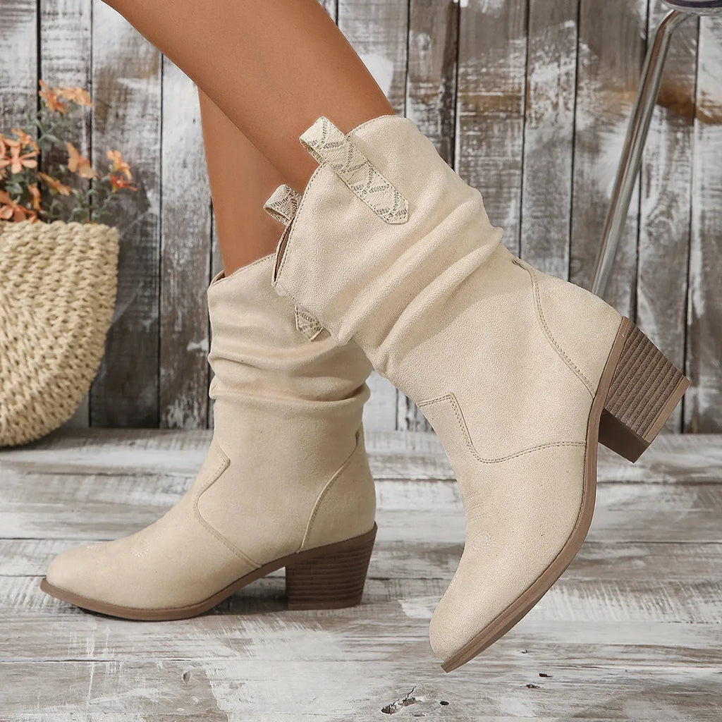 Women's mid-calf boots in suede with 3-5cm heel and leather stitching, available in milky white and lotus root colour