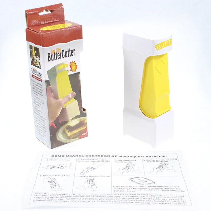 Yellow plastic butter slicer and storage box with a one-button dispenser for standard 4.75 inch butter bars.