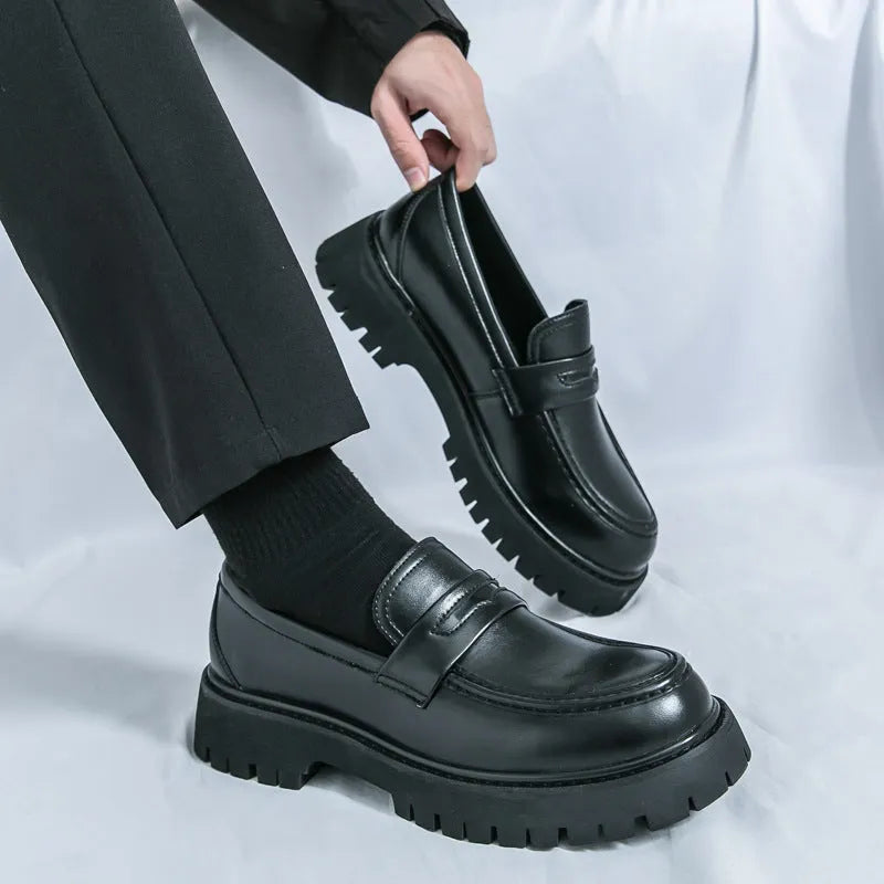 Men's chunky platform leather shoes in black with PU upper, rubber sole, round toe, low tube, sizes 38-46