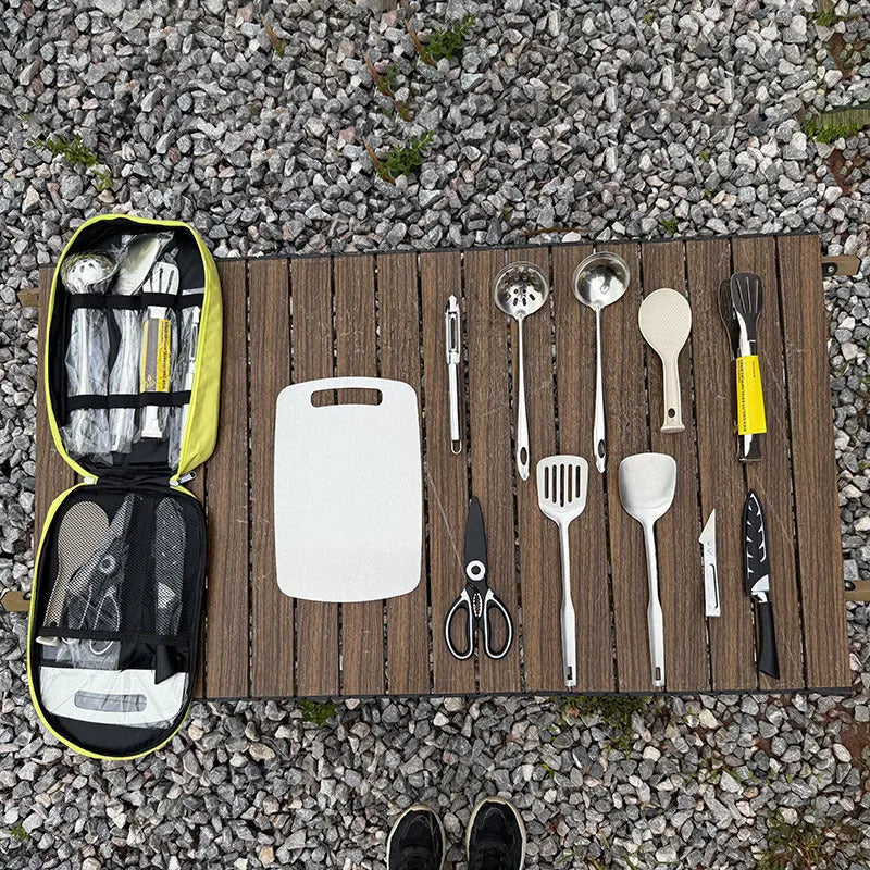12-piece stainless steel picnic set with storage bag in khaki, green, or brown colour options
