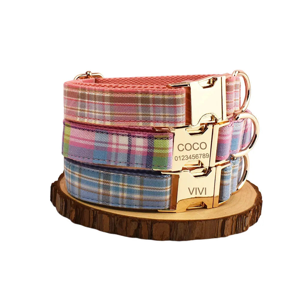Cloth dog collar and leash four-piece set with matching vest and bow accessories in multiple size options