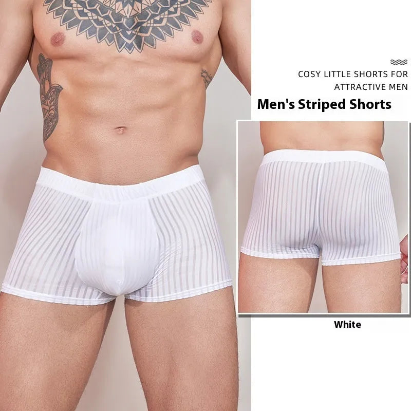 Men's striped nylon underwear in thin transparent fabric showing black, white, and dark grey colour options