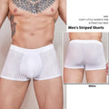 Men's striped nylon underwear in thin transparent fabric showing black, white, and dark grey colour options